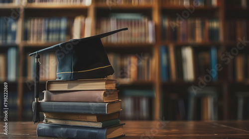 A series of books stacked high with a graduation cap on top, representing the journey of learning and achievement