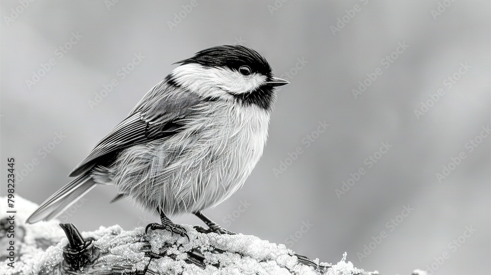 A monochrome depiction of a bird perched on a tree against a snowy background, with a corresponding black-and-white image in the backdrop of the same bird seated on A monochrome depiction of a bird perched on a tree against a snowy background, with a corresponding black-and-white image in the backdrop of the same bird seated on