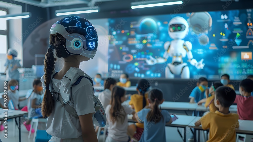 A futuristic classroom where AI tutors provide personalized learning experiences tailored to each student's strengths and weaknesses.