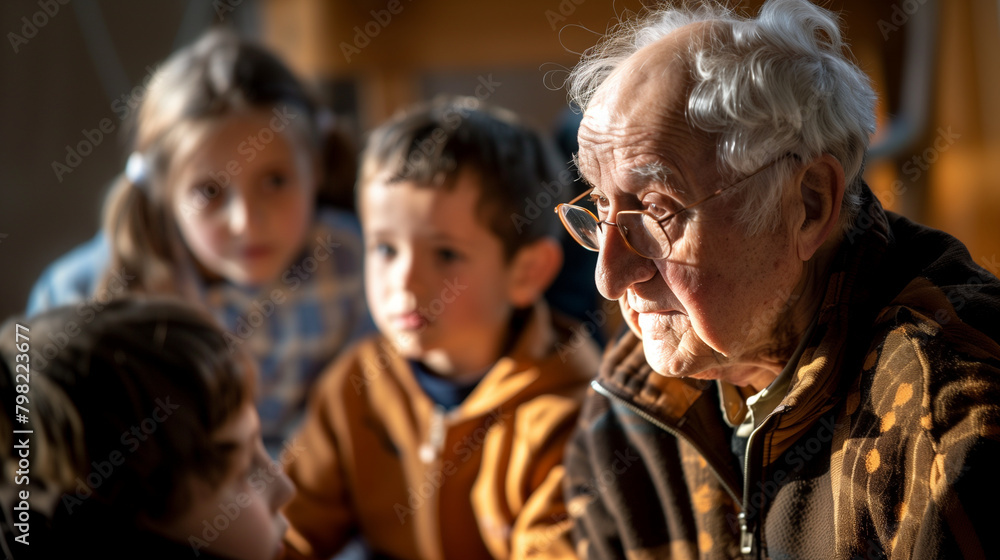 A close-up of a grandfather telling stories to captivated children and adults, focusing on his expressive face and the attentive faces of his audience, all blurred except for the s A close-up of a grandfather telling stories to captivated children and adults, focusing on his expressive face and the attentive faces of his audience, all blurred except for the s
