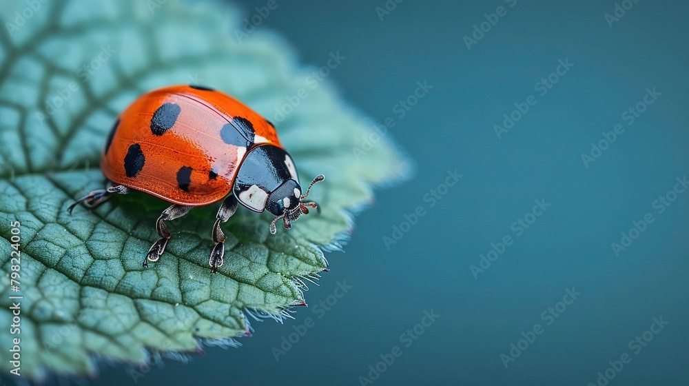 Fototapeta premium A sharp image of a tiny orange and black insect perched on a verdant foliage against a clear azure sky