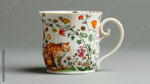 A mug decorated with a playful underglaze illustration of a cat hiding ast a field of flowers.. photo