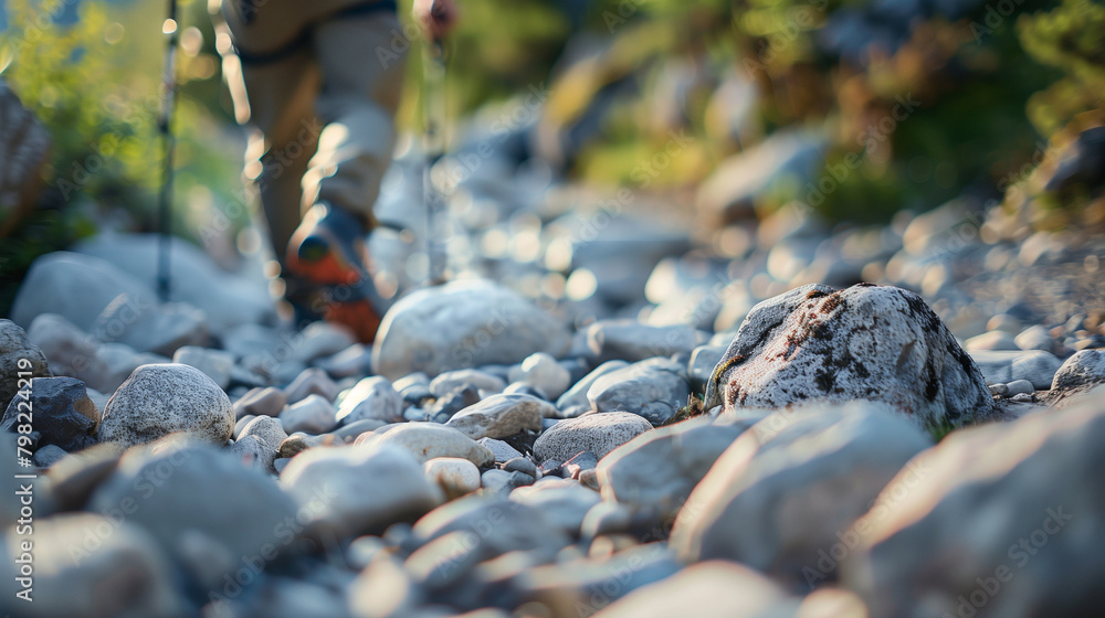 A hiker navigating a challenging rocky path, with a focus on their strain and determination. The rocky terrain ahead is blurred, emphasizing the hiker’s journey and the o A hiker navigating a challenging rocky path, with a focus on their strain and determination. The rocky terrain ahead is blurred, emphasizing the hiker’s journey and the o