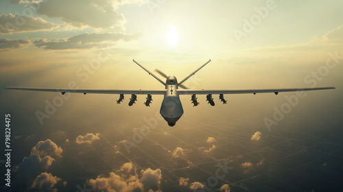 View of a reconnaissance combat drone flying high in the sky above the clouds