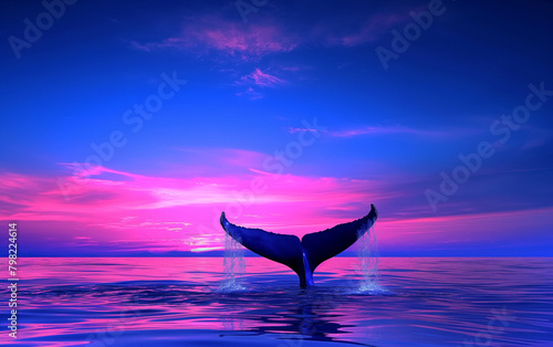 Whale tail peeking out of the purple ocean water, psychedelic art © John_Doo78