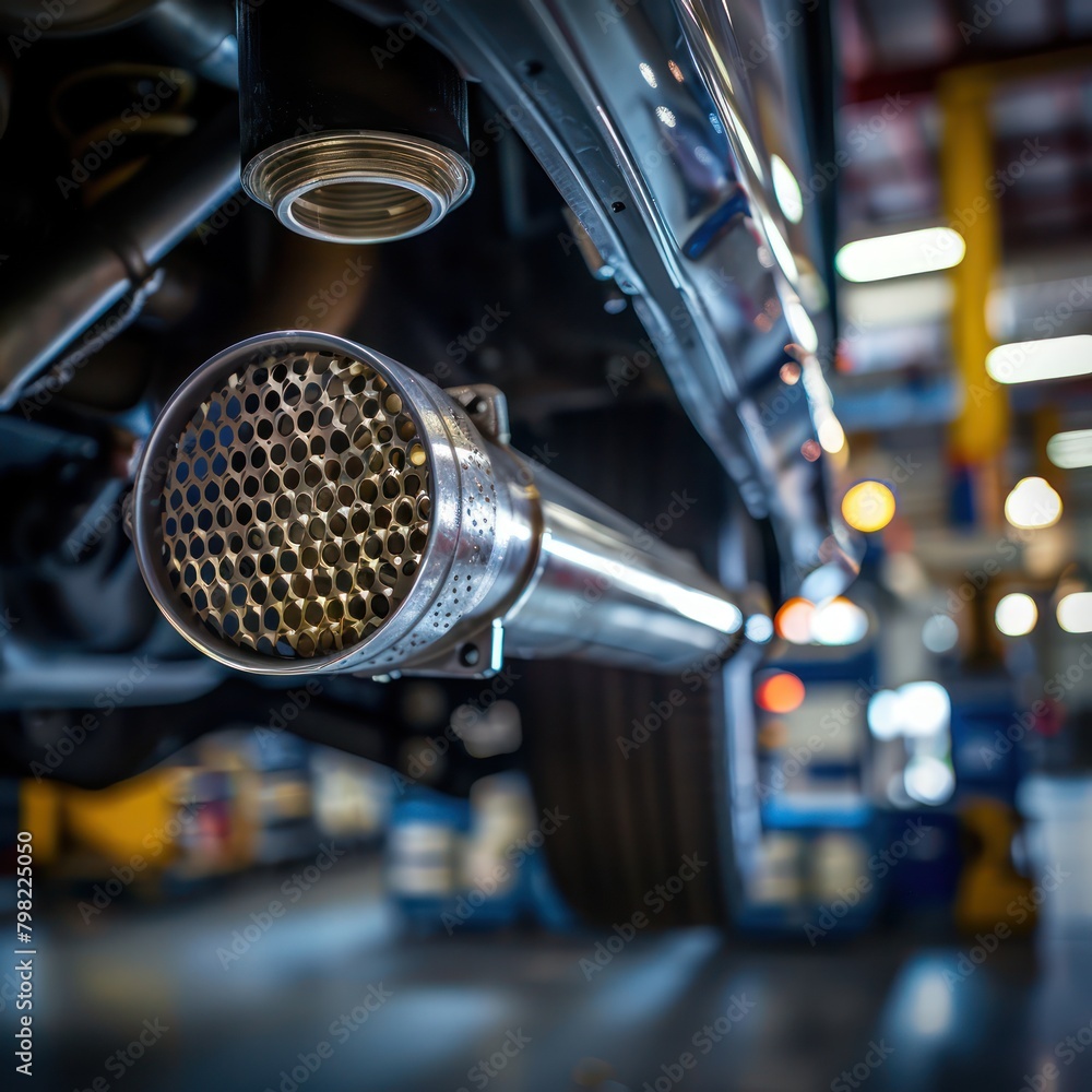Fototapeta premium Medium shot of a car's catalytic converter during maintenance, detailed focus on technology, garage setting