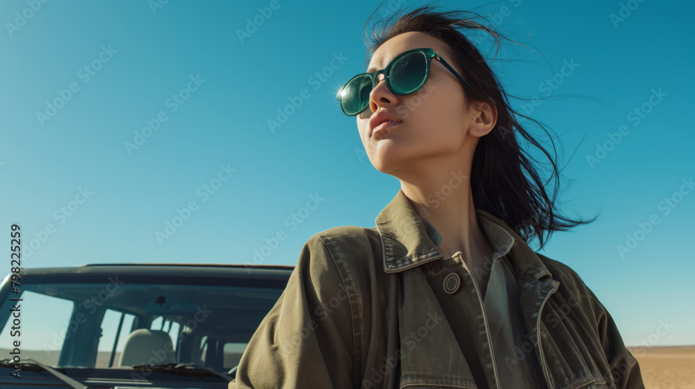 A young woman in the desert stands near an off-road car