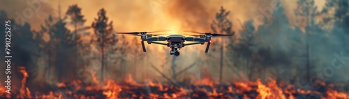 Medium shot of a drone flying over a burning forest, equipped with sensors to measure carbon emissions