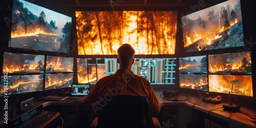 Medium shot of a mobile command center monitoring forest fire spread, multiple screens showing real-time data