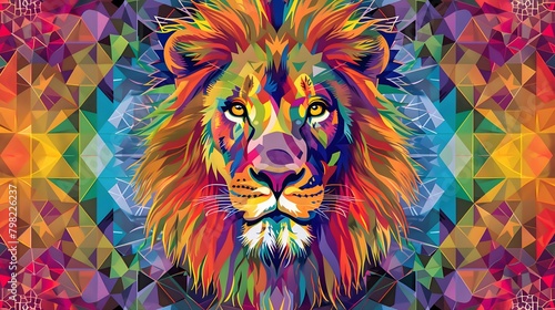 A majestic lion formed from intersecting triangles, its mane flowing in vibrant hues against a kaleidoscopic backdrop of geometric patterns. photo