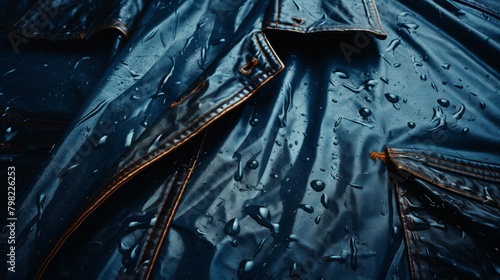 A close up of a blue jacket with water droplets on it, AI © starush