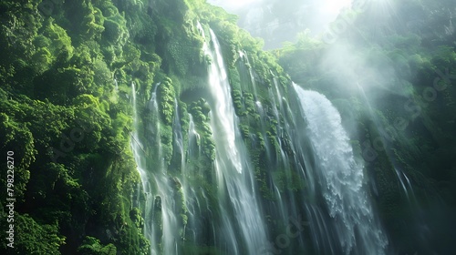 A majestic waterfall cascading down a lush green mountainside  with sunlight filtering through the mist.
