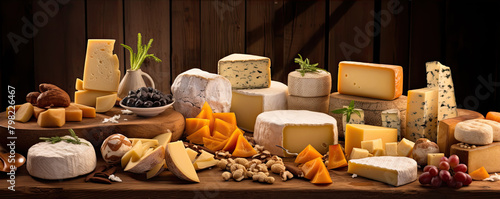 Finest selection of cheese on rustic wooden table photo