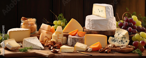 Finest selection of cheese on rustic wooden table photo