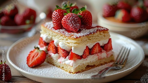   A white plate holds a cake with frosting  and strawberries on one side and a fork nearby
