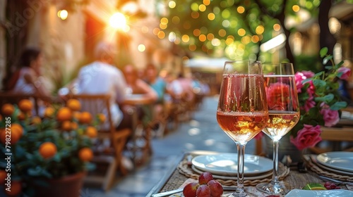 Two People Toasting With Wine Glasses in Front of Cityscape.