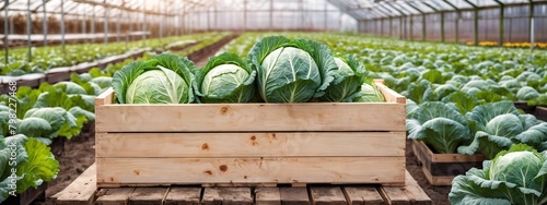 Harvest of cabbage in a wooden box against the background of a vegetable garden. Brussels sprouts in basket against the backdrop of a greenhouse. Fresh harvest on the farm.