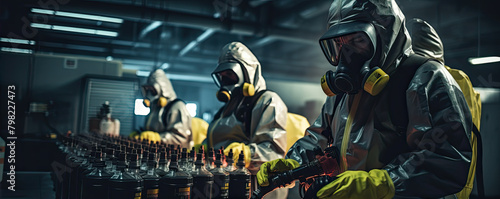 Workers in protective suits in radiation location photo