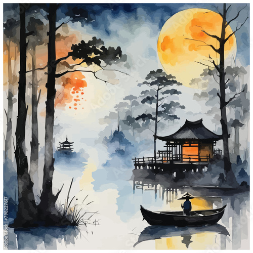 The watercolor scene with a misty swamp orange moon temples and a fishing boat in calm hues illustration