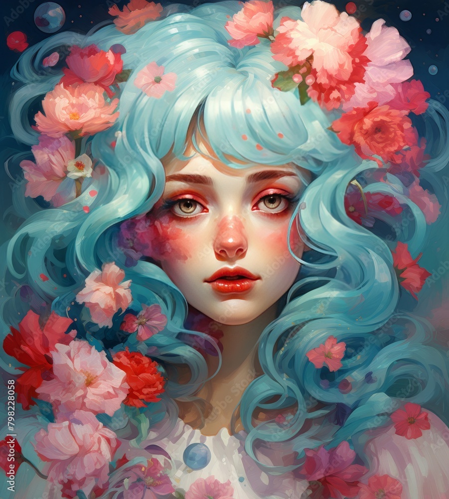 Fairy Woman with Curly Blue Hair and Flowers Portrait. Romantic Elegant Girl cartoon Character. Mystical Serene Mermaid Avatar. Beautiful Young SNature Goddess Female Creature Artwork Illustration.