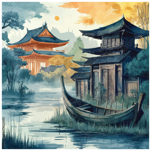 The watercolor scene with a misty swamp orange moon temples and a fishing boat in calm hues illustration