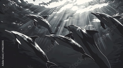 A monochrome vector of pod of dolphins gracefully swimming through crystal-clear waters, their sleek bodies glistening in the sunlight without background
