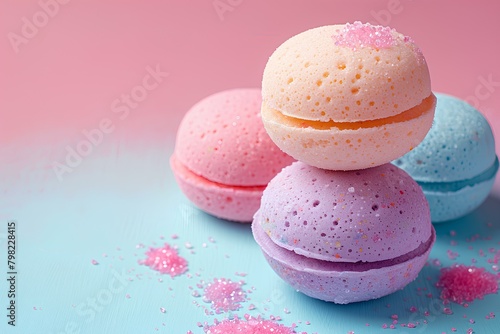 Three bath bombs sitting on top of each other on a blue surface with pink and blue sprinkles