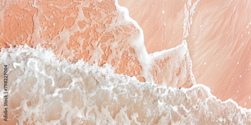 Fototapeta premium Coastal Elegance: Aerial View of Turquoise Waters and Pink Sand Beach with Breaking Wave