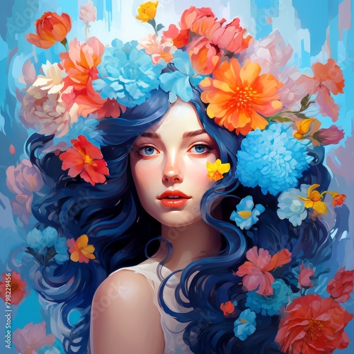 Fairy Woman with Curly Blue Hair and Flowers Portrait. Romantic Elegant Girl cartoon Character. Mystical Serene Mermaid Avatar. Beautiful Young SNature Goddess Female Creature Artwork Illustration.