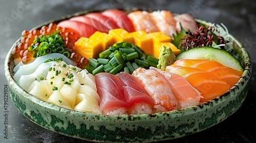  Bowl overflowing with myriad sushi varieties atop ebony countertop, alongside a sliver of cucumber