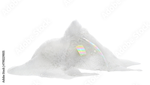 Foto Soap foam, colorful bubbles isolated on white
