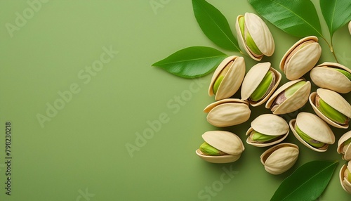 pistachio nuts on a green background with space for text. banner or sign.
