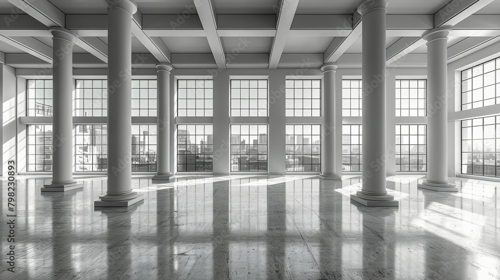 Naklejka premium Empty Room With Columns Overlooking City