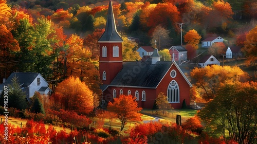 A picturesque village church with a towering steeple, surrounded by colorful autumn foliage ablaze with hues of red and gold.