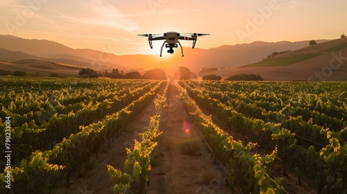 A picturesque vineyard at sunset, with AI-powered drones flying low over the vines, collecting data on moisture levels and vine health to optimize irrigation schedules and prevent disease. photo