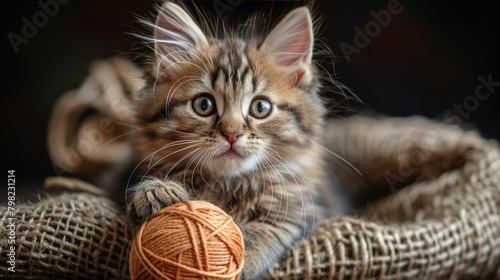 Small Kitten Playing With Yarn Ball
