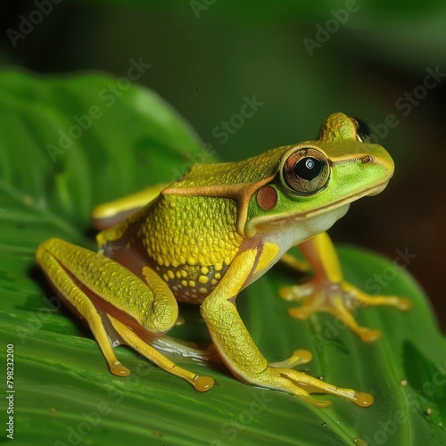 Tree frog Agalychnis Callidryas on a green leaf with water droplets on it © jongaNU