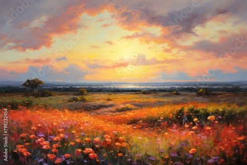 Sunset flower field landscape painting grassland.