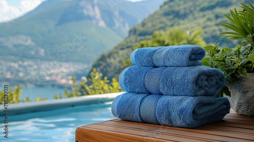 Stack of Blue Towels on Wooden Table