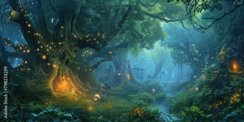 An enchanted forest with magical creatures, glowing plants, ancient trees, a hidden fairy village, mystical ambiance. Resplendent. © Summit Art Creations
