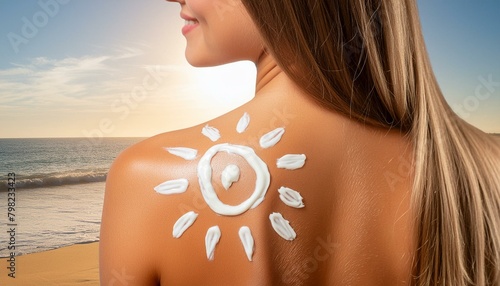 Woman smearing Sun screen on her body - Protection against UV Light - Female on the Beach in the Summer photo