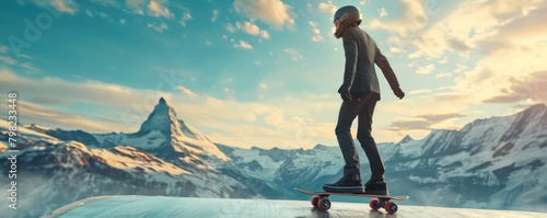 Skateboarder silhouette against mountain sunset