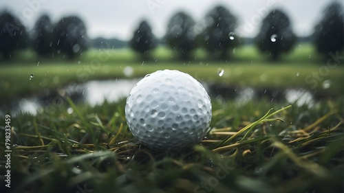 In a game disrupted by rain, a single golf ball rests on the damp grass, symbolizing patience and delay. The golf ball is partially submerged in the wet grass, surrounded by droplets of rainwater clin