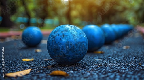 Row of Blue Balls on Road. Generative AI photo