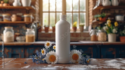 White Bottle on Wooden Table