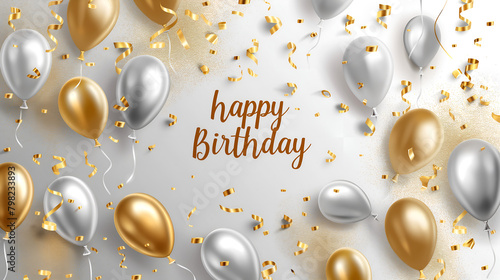 Vector happy birthday horizontal illustration with 3d realistic golden and silver air balloon on white background with text and glitter confetti. © StellaPattaya