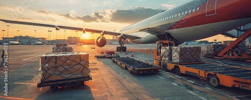 commercial airplane with cargo containers being loaded, signifying global transportation and logistics.