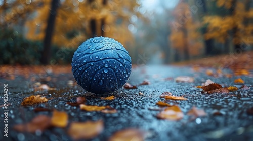 Blue Ball on Wet Road. Generative AI