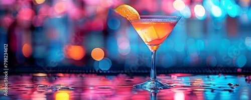 An image of a martini glass with a slice of lemon resting on its rim, filled with ice and garnished with a cherry, set against a blurred backdrop that suggests a lively bar atmosphere. photo