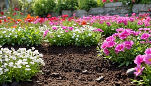 Ground soil against the background of a flower bed. Background for placing garden tools. Spring background with flowers in the background, loose earth.